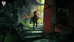  1girl architecture backpack bag black_hair commentary creature east_asian_architecture frog highres kitsune_(kazenouta) logo moss ofuda original pillar ponytail rope scenery shimenawa short_ponytail solo stairs untranslatable_commentary water 