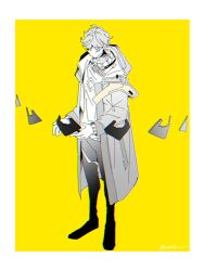  1boy arknights arknights:_endfield arms_up border closed_mouth coat endministrator_(arknights) floating_mask full_body greyscale_with_colored_background highres layered_sleeves long_sleeves male_endministrator_(arknights) male_focus mask okktru pants parted_bangs shirt short_hair solo standing very_short_hair wavy_hair white_border yellow_background 