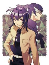  2boys belt belt_buckle black_hair black_pants brown_eyes brown_jacket buckle closed_mouth commentary_request dual_persona fleuret_(p5x) floating_hair hand_on_own_hip highres jacket jewelry long_hair long_sleeves looking_at_viewer male_focus mask multiple_boys necklace pants persona persona_5 persona_5:_the_phantom_x pocket ponytail profile shiratori_seiji white_belt yutima9 
