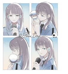  1girl bang_dream! bang_dream!_it's_mygo!!!!! black_necktie blue_eyes blue_jacket closed_mouth commentary earrings grey_hair highres holding holding_microphone in-ear_earphones jacket jewelry jhonnpro long_hair microphone necktie puchisshu real_life single_earring takamatsu_tomori untranslatable_commentary upper_body voice_actor voice_actor_connection youmiya_hina 