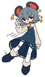  1girl @_@ animal_ears bandaid bandaid_on_knee bandaid_on_leg blood blue_skirt blue_vest colored_skin commentary_request cookie_(touhou) full_body grey_hair grey_shirt grey_shoes highres long_sleeves looking_at_viewer melanin_shikiso mouse_ears mouse_girl mouse_tail nazrin nosebleed nyon_(cookie) open_mouth red_eyes romaji_text shirt shoes short_hair simple_background skirt smile solo star_(symbol) tail touhou vest white_background white_skin 