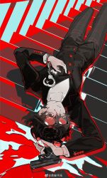  1boy absurdres amamiya_ren black-framed_eyewear black_eyes black_hair black_jacket black_pants bleeding blood blood_on_face broken_eyewear bruise buttons character_name chinese_commentary commentary_request full_body glasses gun handcuff_dangle handgun highres injury jacket long_sleeves looking_at_viewer lying male_focus on_back on_stairs outline pants parted_lips persona persona_5 plaid_clothes plaid_pants red_outline red_pupils school_uniform shirt short_hair shuujin_academy_school_uniform solo sparkle turtleneck turtleneck_shirt upside-down weapon white_shirt yu_anle_bu_le 