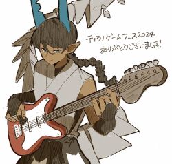  1boy aqua_eyes aqua_horns bass_guitar braid braided_ponytail bridal_gauntlets brown_bridal_gauntlets brown_hair closed_mouth commentary_request dark-skinned_male dark_skin dot_nose earrings floating_earrings from_above hair_between_eyes highres horns ice_god_(jimini_shijimi) instrument japanese_clothes jewelry jimini_shijimi long_hair looking_at_viewer original playing_bass_guitar playing_instrument plectrum pointy_ears short_eyebrows simple_background sleeveless smile solo tail upper_body very_long_tail white_background 