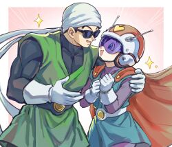  1boy 1girl :d akuto013 arm_around_shoulder assault_visor bandana belt black_belt black_bodysuit black_hair blue_eyes blue_tunic bodysuit cape commentary dragon_ball dragon_ball_z english_commentary eyelashes gloves great_saiyaman great_saiyaman_2 green_tunic helmet highres looking_at_another muscular muscular_male open_mouth pectorals purple_bodysuit radio_antenna red_cape smile son_gohan sunglasses superhero_costume tunic videl white_bandana white_belt white_gloves 