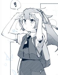  ! 1girl adapted_costume backpack bag collared_shirt commentary_request cowboy_shot dress greyscale hair_ribbon kantai_collection kazagumo_(kancolle) long_hair ma_rukan monochrome necktie pleated_dress ponytail ribbon shading_eyes shirt solo spoken_exclamation_mark 