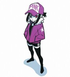  1girl baseball_cap black_hair black_shoes black_shorts black_thighhighs commentary deadslug english_commentary eyelashes eyepatch full_body fur-trimmed_jacket fur_trim hands_in_pockets hat jacket long_sleeves looking_at_viewer original partially_open_jacket pink_eyes ponytail purple_hat purple_jacket rose_(deadslug) shoes short_hair short_ponytail shorts sidelocks simple_background solo standing thigh-highs white_background 