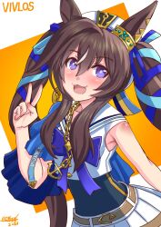  1girl anchor_necklace anchor_ornament animal_ears belt beret blue_bow blue_cape blue_one-piece_swimsuit blue_ribbon blush bow breasts brown_belt brown_hair cape character_name commentary_request ear_covers funaya_sakichi hair_between_eyes hair_ribbon hat highres horse_ears horse_girl jewelry long_hair looking_at_viewer mole mole_under_eye multicolored_hair necklace one-piece_swimsuit open_mouth ribbon sailor_collar sailor_shirt shirt single_ear_cover skirt smile solo streaked_hair swimsuit swimsuit_under_clothes twintails umamusume v vivlos_(umamusume) vivlos_(voyage_etincelant)_(umamusume) white_hat white_sailor_collar white_shirt white_skirt 
