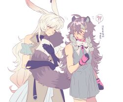  !? 2girls ^^^ absurdres ahoge animal_ear_fluff animal_ears arknights black_gloves blonde_hair brown_dress brown_hair chinese_commentary chinese_text commentary_request cowboy_shot dress gloves grey_dress hair_between_eyes highres hugging_another's_tail hugging_tail jacinta_(arknights) jiguang_haibao long_hair looking_at_another multiple_girls one_eye_closed open_mouth rabbit_ears rabbit_girl raccoon_ears raccoon_girl raccoon_tail simple_background smile spoken_interrobang standing surprised tail timeslot_(arknights) translation_request white_background white_hair 
