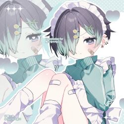  1girl :t @_@ absurdres apron bandaid bandaid_on_cheek bandaid_on_face bandaid_on_knee bandaid_on_leg black_hair blush closed_mouth commentary different_zoom_layer ear_piercing feet_out_of_frame green_hair green_jacket hair_ornament hair_over_one_eye hand_up heart heart-shaped_pupils highres jacket jersey_maid knees_up letterboxed long_sleeves looking_at_viewer maid maid_headdress multicolored_hair original outline outside_border piercing polka_dot satou_uyu short_hair sitting sleeves_past_fingers sleeves_past_wrists socks solo sweatdrop symbol-shaped_pupils track_jacket two-tone_hair unconventional_maid white_apron white_outline white_socks x_hair_ornament zoom_layer 