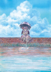 1girl barefoot bat_wings blue_sky clouds commentary_request day full_body hat hat_ribbon holding holding_umbrella kicking miso_pan mob_cap outdoors pink_hat pink_shirt pink_skirt puffy_short_sleeves puffy_sleeves red_ribbon remilia_scarlet ribbon scenery shirt short_sleeves sitting skirt sky soaking_feet solo splashing straight-on touhou umbrella water wings 