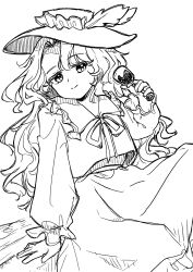  1girl collared_shirt commentary_request cowboy_shot cup curly_hair dolls_in_pseudo_paradise drinking_glass frilled_shirt_collar frills hat hat_feather highres holding holding_cup jacket_girl_(dipp) long_hair long_sleeves looking_at_viewer monochrome natsu_roen neck_ribbon ribbon shirt simple_background sitting skirt smile solo touhou vest wine_glass 