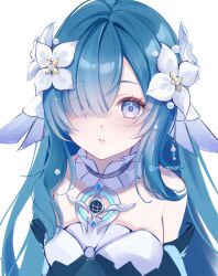  1girl absurdres aqua_hair blue_eyes collar detached_collar eyes_visible_through_hair flower genshin_impact hair_flower hair_ornament hair_over_one_eye highres light_blush long_hair looking_at_viewer parted_lips ryuna_(inc_moon) sidelocks simple_background solo twitter_username upper_body vodyanitsa_(genshin_impact) white_background white_collar white_flower 