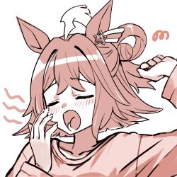  07nono06 1girl ahoge animal_ears blush closed_eyes collarbone commentary_request hair_between_eyes hair_ornament highres horse_girl medium_hair portrait rhein_kraft_(umamusume) simple_background solo star_(symbol) star_hair_ornament umamusume white_background yawning 