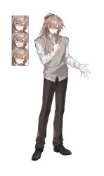  1boy :o black_shoes blonde_hair blush bow closed_mouth collared_shirt commission cross cross_necklace crying crying_with_eyes_open degrees_of_lewdity double-parted_bangs dress_shoes eyes_visible_through_hair flustered full_body grey_sweater_vest hair_between_eyes hair_bow hand_on_own_chest high_ponytail highres holding holding_cross jewelry light_smile long_hair looking_at_viewer male_focus multiple_expressions necklace open_collar open_hand oxfords ponytail red_bow ronppang second-party_source shirt shoes simple_background standing sweatdrop sweater_vest sydney_(degrees_of_lewdity) sydney_(male)_(degrees_of_lewdity) tears untucked_shirt white_background white_shirt yellow_eyes 