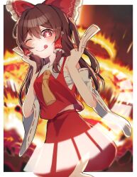  1girl :q ;q ascot between_fingers blush bow breasts brown_hair chest_sarashi commentary_request detached_sleeves frilled_bow frilled_hair_tubes frills hair_bow hair_tubes hakurei_reimu highres holding holding_ofuda long_hair looking_at_viewer mochi_mugi ofuda ofuda_between_fingers one_eye_closed oshi_no_ko red_bow red_eyes red_skirt ribbon-trimmed_sleeves ribbon_trim sarashi skirt skirt_set small_breasts solo star-shaped_pupils star_(symbol) symbol-shaped_pupils tongue tongue_out touhou yellow_ascot 