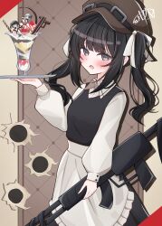  1girl akisame_(samechang001) alternate_costume black_dress black_hair blush brown_hat collared_dress commentary_request dress food furrowed_brow goggles goggles_on_headwear grey_eyes gun hair_ornament hat highres holding holding_gun holding_tray holding_weapon ice_cream kurobe_honoka kurobe_nanoka long_hair looking_at_viewer mahou_shoujo_no_majo_saiban maid open_mouth parfait pinafore_dress rifle sleeveless sleeveless_dress solo tray twintails upper_body weapon white_sleeves 