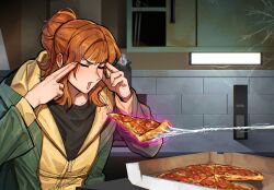  1girl black_shirt closed_eyes food highres hood hood_down hoodie indoors jean_grey kitchen long_hair long_sleeves magic man_levitating_pizza_(meme) marvel meme open_mouth orange_hair pizza pizza_slice real_sixer121 shirt short_hair sidelocks silk solo spider-man:_brand_new_day spider-man_(series) spider_web telekinesis x-men yellow_hoodie 