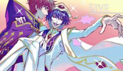  2boys brown_hair cape carrying carrying_person coat code_geass commentary_request geass gem gradient_background hat highres kururugi_suzaku lelouch_vi_britannia long_sleeves male_focus multiple_boys open_mouth pants profile red_gem shimairisa short_hair smile sparkle stole white_coat white_hat 