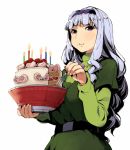  aru-sci birthday_cake bowl cake dress eating food idolmaster long_hair shijou_takane silver_hair 