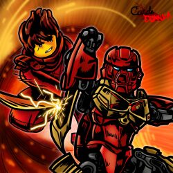  2boys armor attack battle bionicle blocking brown_hair clash clenched_teeth colored_skin condedunkula crossed_swords death_battle duel eyebrow_cut faceoff fighting fire gloves glowing glowing_eyes highres holding holding_sword holding_weapon humanoid_robot kai_(ninjago) katana lego lego_(medium) male_focus mask multiple_boys ninjago pajamas red_dougi red_pajamas robot scar scar_across_eye scar_on_face short_hair shoulder_pads sparks spiky_hair sword sword_clash sword_fight tahu_(bionicle) teeth the_lego_group turtleneck unconventional_media weapon yellow_skin 