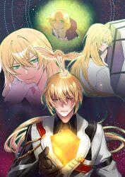  1boy absurdres age_progression black_sleeves blonde_hair brown_gloves closed_mouth coffin commentary_request gloves green_eyes hair_between_eyes hand_on_own_chin hand_up highres honkai_(series) honkai_impact_3rd jacket kaneaki_mukku kite long_hair looking_at_viewer low_ponytail male_focus multiple_views otto_apocalypse ponytail smile upper_body very_long_hair void_archives white_gloves white_jacket 