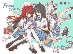  3girls animal_ears arknights bandaid bandaid_on_leg black_hair black_thighhighs blue_bow blue_bowtie blue_skirt bow bowtie chips_(food) collared_shirt commentary_request detached_wings eraser exusiai_(arknights) food grey_hair halo highres lappland_(arknights) multiple_girls notebook one_side_up orange_eyes pantyhose pencil plaid_bow plaid_bowtie plaid_clothes plaid_skirt potato_chips red_hair scar scar_across_eye scar_on_face school_uniform shirt short_sleeves skirt socks tency_(1733djy) texas_(arknights) thigh-highs white_pantyhose white_shirt white_socks wings wolf_ears wolf_girl yellow_halo 