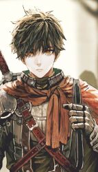  1boy arm_at_side armor bags_under_eyes belt belt_buckle black_hair black_shirt black_vest blurry blurry_background breastplate brown_belt brown_cape brown_theme buckle cape commentary cropped english_commentary eyelashes fantasy gauntlets hair_between_eyes hand_up highres holding holding_strap jun_(navigavi) lips long_sleeves looking_at_viewer multiple_belts nose original outdoors parted_lips pauldrons people shirt short_hair shoulder_armor solo_focus sword sword_on_back upper_body very_short_hair vest weapon weapon_on_back yellow_eyes 