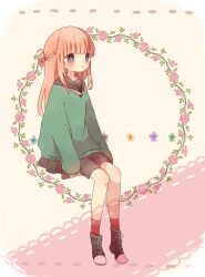  1girl 3: absurdres black_boots black_sailor_collar black_skirt blue_eyes blush boots braid bright_pupils closed_mouth commentary_request flower full_body green_sweater hair_bun highres invisible_chair lace-up_boots long_hair long_sleeves nishida_yume orange_hair original pink_background pink_flower pink_rose pleated_skirt red_socks rose sailor_collar sidelocks single_hair_bun sitting skirt sleeves_past_wrists socks solo sweater two-tone_background white_background white_pupils 