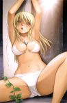  absurdres arms_up bare_shoulders between_breasts bikini blonde_hair blue_eyes bomb breasts btooom! cleavage highres himiko_(btooom!) inoue_jun'ya inoue_junya long_hair navel official_art open_mouth scan sitting solo spread_legs swimsuit white_bikini 