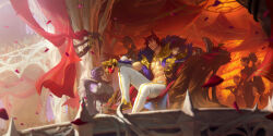  abs animal_ears commentary english_commentary envar_studio fingerless_gloves food fruit fur_trim gloves highres holding holding_food holding_fruit jacket jewelry league_of_legends legends_of_runeterra manly mouth_hold multiple_others muscular muscular_male necklace official_art open_clothes open_jacket pants red_hair scar scar_on_face scar_on_nose sett_(league) short_hair sitting white_pants 