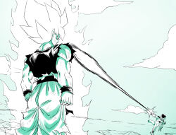  aiming aiming_at_another alien amayuki318 aura baggy_pants biceps broad_shoulders clenched_hands clouds cloudy_sky commentary_request dragon_ball dragon_ball_z duel energy_beam fighting_stance firing frieza from_behind gradient_background highres horizon injury long_hair looking_at_another martial_arts_belt mountain muscular muscular_male ocean pants pointing pointing_at_another sidelocks sky sleeveless son_goku spiky_hair super_saiyan super_saiyan_1 tail thick_eyebrows thick_neck torn_clothes wristband 