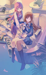  2girls absurdres bang_dream! bang_dream!_it's_mygo!!!!! black_socks blue_eyes blue_neckerchief blue_shirt blue_skirt brown_hair cellphone chihaya_anon closed_mouth collarbone commentary cup dawder dress drinking_glass earphones electric_guitar fang full_body grey_dress grey_eyes guitar headphones headphones_removed highres holding holding_phone indoors instrument kneehighs kneeling long_hair long_sleeves lower_teeth_only multiple_girls mygo!!!!!_(bang_dream!) nagasaki_soyo neckerchief no_shoes on_bed open_mouth phone pillow pinafore_dress pink_hair plaid_clothes pleated_skirt sailor_collar school_uniform serafuku shirt sidelocks signature skirt sleeveless sleeveless_dress smartphone socks teeth tsukinomori_school_uniform white_sailor_collar white_shirt white_socks 