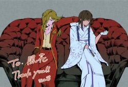  2girls belt black_hair blonde_hair blue_bow blue_streaks blue_trim bow breasts brooch brown_gloves brown_hair buttons cigar closed_mouth coat collar collarbone collared_jacket collared_shirt couch feet_out_of_frame fenghua_fuka floral_print frown gloves gold_trim green_eyes grey_background hair_between_eyes hair_over_one_eye hand_on_own_thigh holding holding_cigar holding_smoking_pipe hood hood_down hooded_kimono jacket japanese_clothes jewelry kimono lapel_pin lapels limbus_company long_hair long_sleeves looking_at_another multicolored_hair multiple_girls necktie notched_lapels obi on_couch open_clothes open_collar open_jacket open_shirt pants partially_unbuttoned project_moon red_eyes red_suit rope sash shimenawa shiomi_yoru_(project_moon) shiromuku shirt simple_background smile smoking smoking_pipe streaked_hair suit suit_jacket tassel uchikake valencina_(project_moon) wataboushi wavy_hair white_gloves white_kimono wide_sleeves yellow_shirt 
