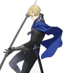  1boy absurdres arm_up belt black_gloves black_pants black_shirt blonde_hair blue_belt blue_cape blue_eyes cape cha_(fvaw7353) chest_belt closed_mouth collar commentary commentary_request dimitri_alexandre_blaiddyd feet_out_of_frame fire_emblem fire_emblem:_three_houses garreg_mach_monastery_uniform gloves hair_between_eyes highres holding holding_polearm holding_weapon light_smile looking_down male_focus metal_collar pants polearm scabbard sheath shirt side_cape simple_background solo spear sword weapon white_background 