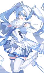  1girl :d absurdres bare_shoulders blue_eyes blue_necktie blue_trim boots detached_sleeves dot_nose hair_between_eyes hair_ornament hatsune_miku headset highres leg_up long_hair looking_at_viewer mittens necktie scarf shirt sin_090 skirt sleeveless sleeveless_shirt smile snowflake_print solo thigh_boots tie_clip twintails very_long_hair vocaloid white_boots white_hair white_mittens white_scarf white_shirt white_skirt white_sleeves yuki_miku yuki_miku_(2011) zettai_ryouiki 