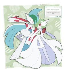  1boy 1girl absurdres arm_blade artist_name bob_cut cape colored_skin dress elbow_gloves gallade gardevoir gloves green_hair highres mega_gallade mega_gardevoir mega_pokemon phonefcker pokemon pokemon_(creature) red_eyes request_inset smile weapon white_cape white_dress white_gloves white_skin 