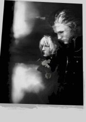  2boys brothers dante_(devil_may_cry) dark dark_background devil_may_cry_(series) from_side greyscale highres monochrome multiple_boys photorealistic realistic siblings twins upper_body vergil_(devil_may_cry) white_hair xinjinjumin143216225184 