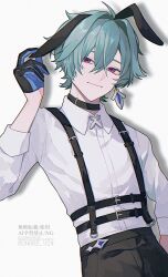  1boy absurdres animal_ears aqua_hair black_choker black_gloves black_pants blue_gloves choker closed_mouth commentary_request earrings genshin_impact gloves highres jewelry lohen_(genshin_impact) long_sleeves male_focus multicolored_eyes multicolored_gloves onore_v24 pants rabbit_ears shirt short_hair single_earring smile solo two-tone_gloves white_shirt 