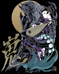  1boy 1girl arched_bangs armor artist_name bachi biwa_lute black_armor black_background black_eyes black_hair black_helmet black_mask blue_flower breastplate carrying carrying_person child_carry commentary_request flower full_armor gauntlets grey_hair helmet holding holding_instrument holding_lute holding_plectrum horned_mask instrument japanese_armor kote kusazuri leaf lily_of_the_valley long_hair lute_(instrument) mask original pale_skin pants parted_lips pauldrons plectrum purple_pants purple_shirt sandals shirt shoulder_armor spiked_pauldrons spikes suneate yamato_akira 