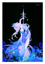  1girl absurdres anastasya_feodorovna_snezhnaya arm_up bare_shoulders blue_dress blue_gem blue_gloves blue_hair blue_robe border breasts circlet closed_eyes closed_mouth colored_eyelashes dio_knarf dress earrings elbow_gloves english_commentary field floating_hair flower flower_field flower_ornament from_side full_body fur-trimmed_robe fur_trim gem genshin_impact gloves gradient_hair grey_dress grey_hair highres holding holding_polearm holding_weapon jewelry kokoshnik long_dress long_hair medium_breasts multicolored_hair pendant pointy_ears polearm purple_flower robe royal_robe sidelocks solo spear star_(sky) starry_sky_background strapless strapless_dress two-tone_dress two-tone_hair wavy_hair weapon white_border white_flower white_gem 