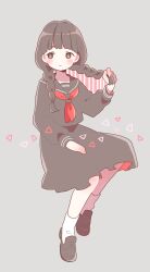  1girl black_eyes black_hair black_sailor_collar black_serafuku black_shirt black_shoes black_skirt blunt_bangs blush braid closed_mouth commentary_request full_body grey_background highres holding_own_hair invisible_chair long_hair long_sleeves neckerchief nishida_yume original pleated_skirt red_neckerchief sailor_collar school_uniform serafuku shirt shoes simple_background sitting skirt socks solo twin_braids white_socks 