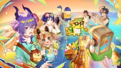  1girl 5boys ajaw_(genshin_impact) animal_ears aqua-framed_eyewear aqua_eyes aqua_shirt asha_(genshin_impact) black_hair black_shirt blonde_hair braid brown_hair cup cyno_(genshin_impact) dragon_horns drinking_straw durin_(genshin_impact) eyewear_on_head flower flower-shaped_eyewear genshin_impact glass hair_flower hair_ornament highres holding holding_cup horns kachina_(genshin_impact) kinich_(genshin_impact) kurogawa_shion long_hair multiple_boys open_mouth pink-framed_eyewear purple_hair red_eyes scaramouche_(genshin_impact) sethos_(genshin_impact) shirt star-shaped_eyewear star_(symbol) tan twin_braids v violet_eyes white_hair white_shirt 