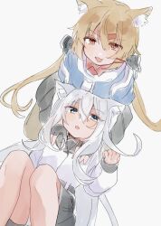  2girls animal_ears black_sailor_collar black_skirt blue_eyes blue_shawl brown_eyes brown_hair cat_ears cat_tail commentary_request dutch_angle grey_hair hair_ornament hairclip hibiki_(kancolle) highres kantai_collection leaning_forward mia_umauma multiple_girls pleated_skirt sailor_collar school_uniform serafuku shawl sitting skirt tail tashkent_(kancolle) verniy_(kancolle) 