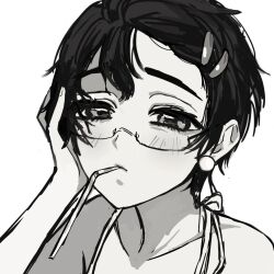  1girl alien_stage commentary_request coppice drinking_straw drinking_straw_in_mouth earrings glasses greyscale hair_ornament hairclip hand_on_own_head highres jewelry monochrome portrait russian_commentary short_hair solo sphere_earrings sua_(alien_stage) very_short_hair 