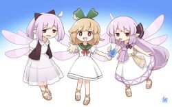  3girls ahoge alice_(kitagawa_suigetsu) artist_logo blonde_hair blue_background bow bow_hairband brown_bow brown_eyes brown_jacket cup dress drinking_straw drinking_straw_in_mouth empty_eyes fairy fairy_wings gradient_background green_bow green_sailor_collar guly_(kitagawa_suigetsu) hairband highres holding holding_cup jacket jitome kitagawa_suigetsu logo long_hair looking_at_viewer multiple_girls neckerchief official_alternate_costume open_mouth orange_sandals original pointy_ears ponytail purple_hair purple_scarf red_neckerchief sailor_collar sandals scarf siblings sisters trian_(kitagawa_suigetsu) v-shaped_eyebrows white_background white_dress wings 