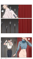  1boy 2girls absurdres behind_curtains black_hair black_pants blue_bow blue_bowtie blue_shirt bow bowtie brown_hair commentary curtains earrings english_commentary gloves gracepago0314 heart highres jewelry lipstick_mark lipstick_mark_on_face multiple_girls musical_note original pants pulley shirt spoken_heart spoken_musical_note stage white_gloves white_shirt yuri 