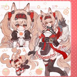  1girl :d absurdres angelina_(arknights) angelina_the_mellow_wish_(arknights) animal_ear_fluff animal_ears arknights black_collar black_gloves black_hairband brown_eyes brown_hair chibi chinese_commentary collar commentary_request detached_sleeves dress earpiece food fox_ears fox_girl fruit gloves hair_between_eyes hairband hand_up highres holding holding_letter infection_monitor_(arknights) letter lined_paper long_hair long_sleeves looking_at_viewer multicolored_hairband multiple_views open_mouth orange_(fruit) orange_slice paper_background qu_niao_ou_ou smile standing twintails two-tone_hairband very_long_hair white_dress 