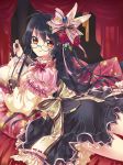  black_hair book bow brown_eyes cu-rim flower food frills glasses gothic_lolita hair_flower hair_ornament lolita_fashion long_hair looking_at_viewer looking_back original pillow solo 