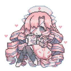  1girl bandage_on_face bandage_over_one_eye bandages black_thighhighs bow commentary_request dress drill_hair floating gradient_eyes hair_bow hair_over_one_eye hat heart holding multicolored_eyes multiple_hair_bows naiguozi no_pupils nurse nurse_cap original pink_bow pink_dress pink_hair pink_shoes pixel_art shoes sitting sparkle stitched_socks stitches thigh-highs transparent_background violet_eyes 