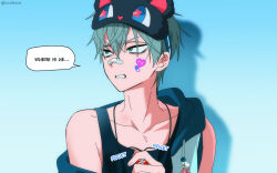  1boy adam's_apple alien_stage aqua_eyes aqua_hair bandaid bandaid_on_face bandaid_on_nose black_tank_top blue_background collarbone english_text hair_between_eyes jewelry looking_to_the_side lucidkana male_focus mask mask_on_head necklace parted_lips short_hair simple_background sleep_mask solo speech_bubble sticker tank_top teeth till_(alien_stage) twitter_username upper_body 